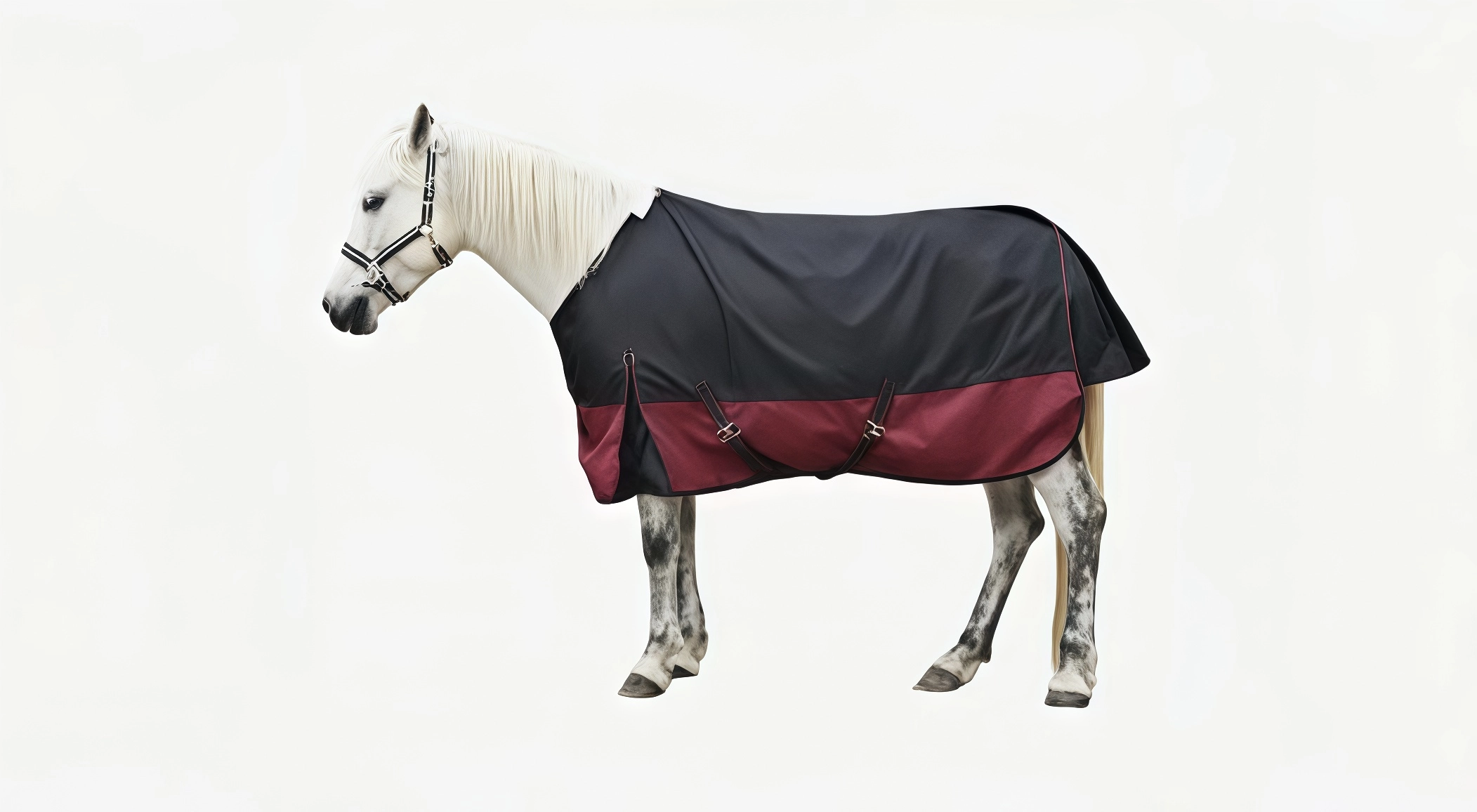 Winter horse blanket in black and burgundy on a standing horse