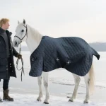 Winter horse blanket on a white horse, with a rider in winter attire by a snowy landscape.