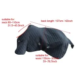 Winter horse blanket with measurements for neck and back length displayed