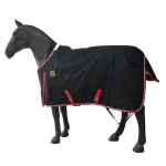 Winter horse blanket in black with red trim on a model horse