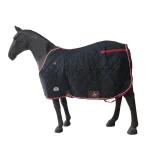 Black winter horse blanket draped over a standing horse model with red trim.