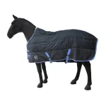 Winter horse blanket in navy blue with light blue accents on a horse mannequin