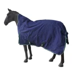 Navy winter horse blanket draped over a model horse for display