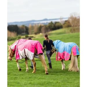 Two horses wearing colorful winter horse blankets being led by a person on a grassy field.
