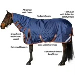 Winter horse blanket in navy blue with neck cover and reflective safety stripe