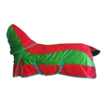 Colorful winter horse blanket in red and green with adjustable straps