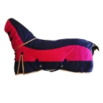 Winter horse blanket in navy blue and red with gold trim and adjustable straps