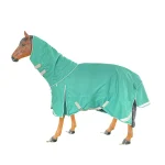 Teal winter horse blanket on a model horse, featuring adjustable straps and a hood.