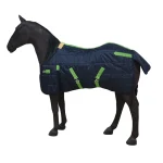 Winter horse blanket in navy blue with green straps on a model horse