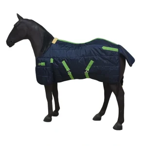Winter horse blanket in navy blue with green straps on a model horse