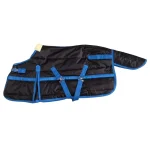 Black and blue winter horse blanket with adjustable straps and soft lining