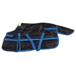 Black and blue winter horse blanket with adjustable straps and soft lining