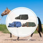 Three winter horse blankets displayed on a circular background with a horse in the foreground.