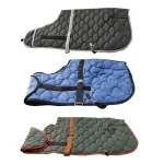 Three winter horse blankets in black, blue, and green colors displayed flat.