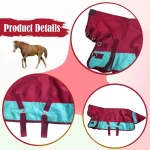 Winter horse blanket in burgundy and teal with adjustable straps and buckles